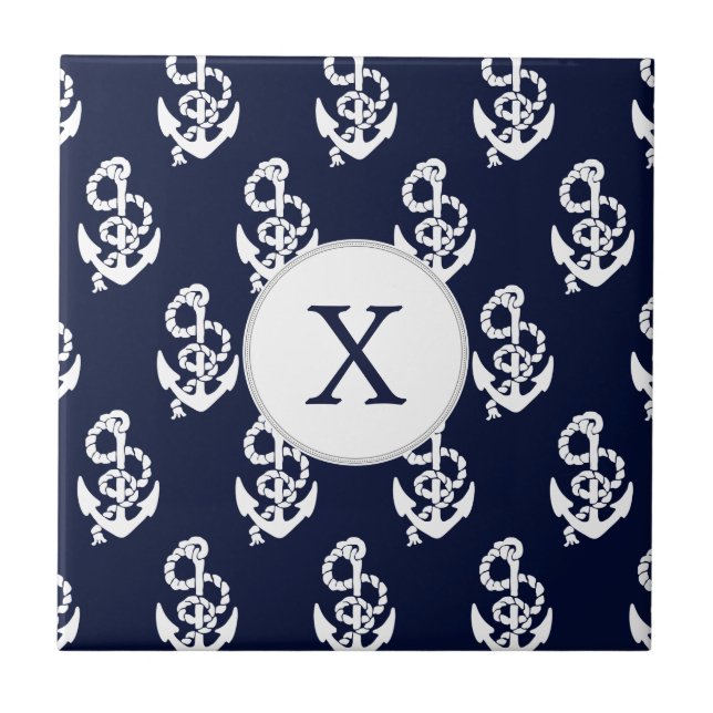 Personalised Monogram Navy Blue Anchor Nautical Ceramic Tile (Front)