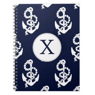 Personalised Monogram Navy Blue Anchor Nautical Notebook