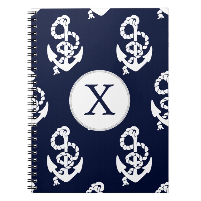 Personalised Monogram Navy Blue Anchor Nautical Notebook (Front)