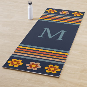 Personalised monogram Navy Blue retro floral Yoga Mat