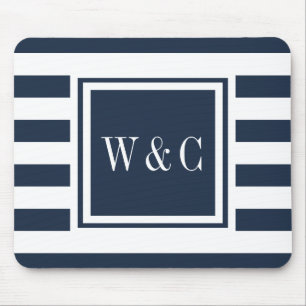Personalised Monogram Navy Blue White Stripe Mouse Pad