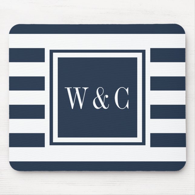 Personalised Monogram Navy Blue White Stripe Mouse Pad (Front)