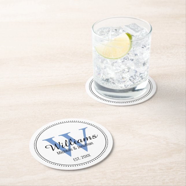 Personalised Monogram Newlywed Blue Round Paper Coaster (Insitu)