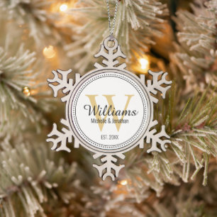 Personalised Monogram Newlywed Gold Snowflake Pewter Christmas Ornament