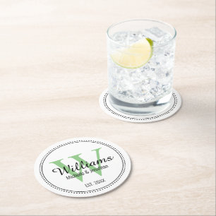 Personalised Monogram Newlywed Green Round Paper Coaster