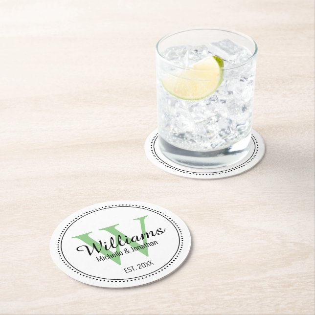 Personalised Monogram Newlywed Green Round Paper Coaster (Insitu)