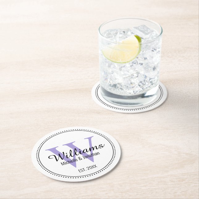 Personalised Monogram Newlywed Lavender Round Paper Coaster (Insitu)