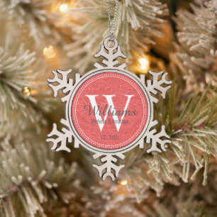 Personalised Monogram Newlywed Red Floral Snowflake Pewter Christmas Ornament