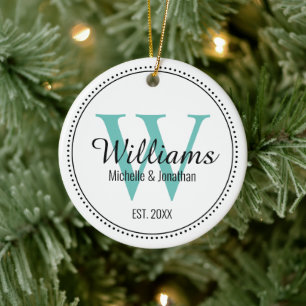 Personalised Monogram Newlywed Teal Green Milgrain Ceramic Ornament