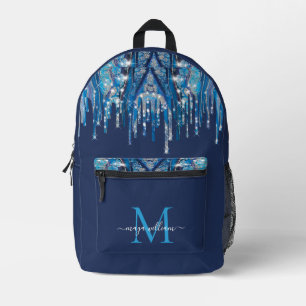 Personalised Monogram Novy Blue Glitter Drips Printed Backpack