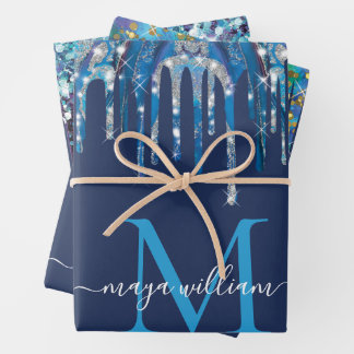 Personalised Monogram Novy Blue Glitter Drips Wrapping Paper Sheet