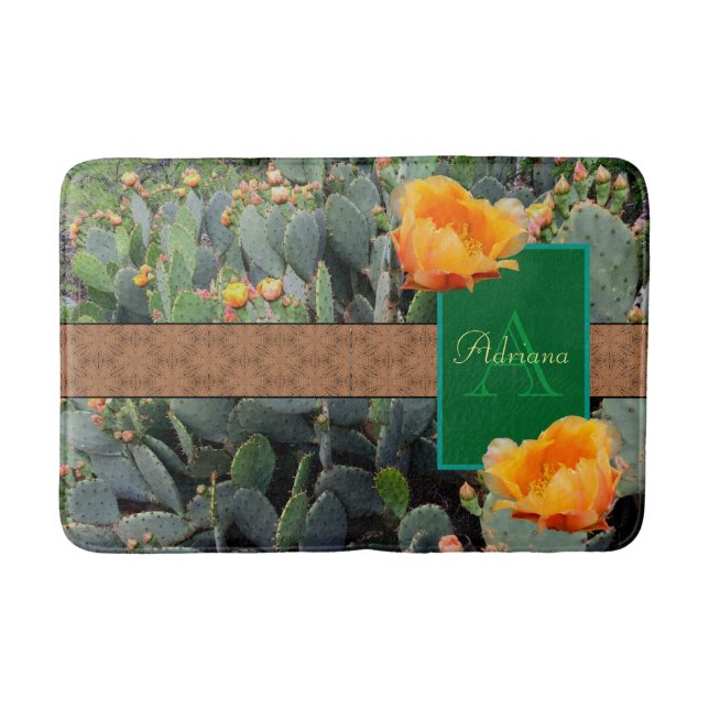 Personalised Monogram Orange Prickly Pear Cactus 2 Bath Mat (Front)