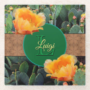 Personalised Monogram Orange Prickly Pear Cactus 2 Glass Coaster
