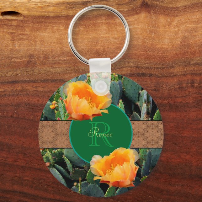 Personalised Monogram Orange Prickly Pear Cactus 2 Key Ring (Front)