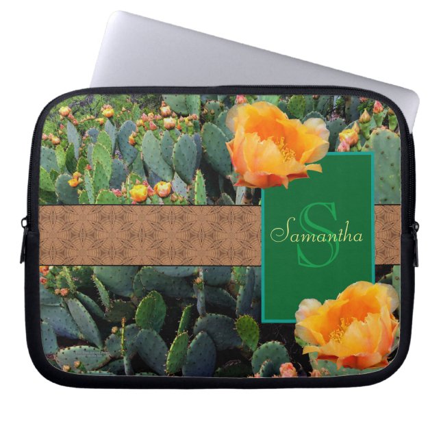 Personalised Monogram Orange Prickly Pear Cactus 2 Laptop Sleeve (Front)