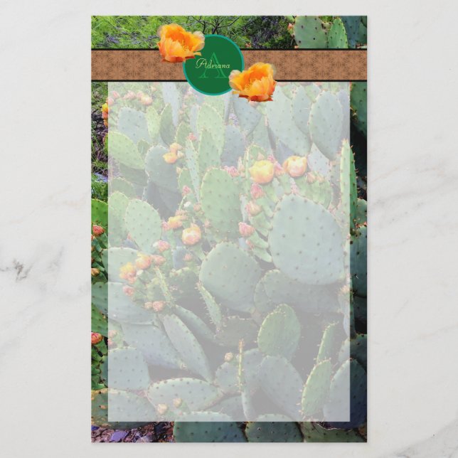Personalised Monogram Orange Prickly Pear Cactus 2 Stationery (Front)