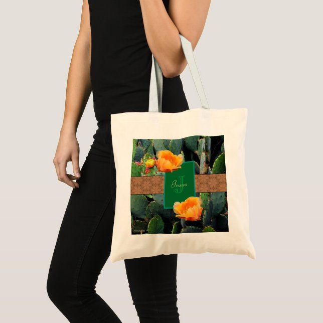 Personalised Monogram Orange Prickly Pear Cactus 2 Tote Bag (Front (Product))