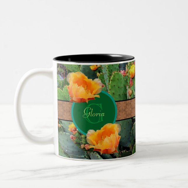 Personalised Monogram Orange Prickly Pear Cactus 2 Two-Tone Coffee Mug (Left)