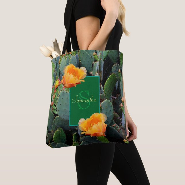 Personalised Monogram Orange Prickly Pear Cactus Tote Bag (Close Up)