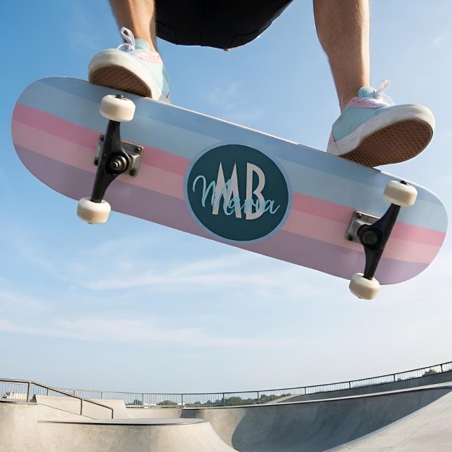 Personalised Monogram Pastel Pink & Blue Stripe Skateboard (Creator Uploaded)