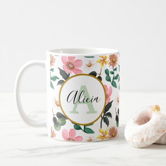 Personalised Monogram Pastel Spring Floral Pattern Coffee Mug (With Donut)