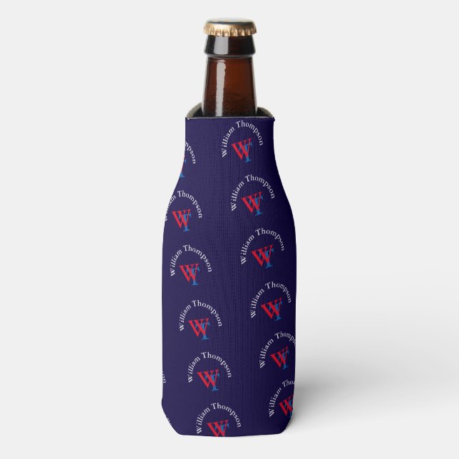 personalised monogram pattern - red and blue bottle cooler (Bottle Front)