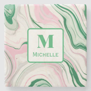 Personalised Monogram Pink And Green Marble Stone Coaster