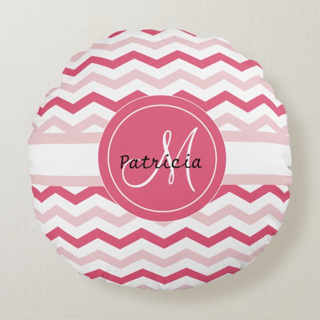 Personalised Monogram Pink Chevron Pattern Round Cushion (Front)