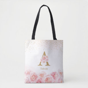 Personalised monogram pink floral bridesmaid tote 