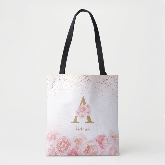 Personalised monogram pink floral bridesmaid tote  bag (Front)