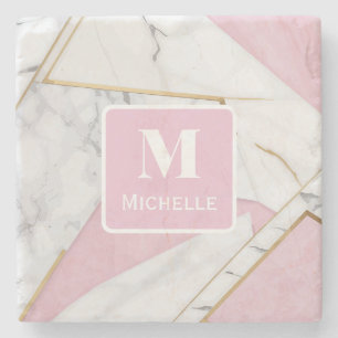 Personalised Monogram Pink & Gold Marble Stone Coaster