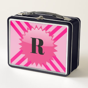 Personalised Monogram Pink Stripe Metal Lunch Box