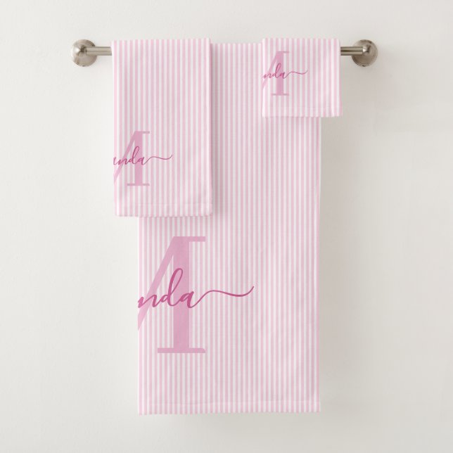 Personalised Monogram Pink & White Stripes Bath Towel Set (Insitu)