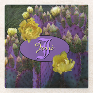 Personalised Monogram Purple Cactus Yellow Flowers Glass Coaster