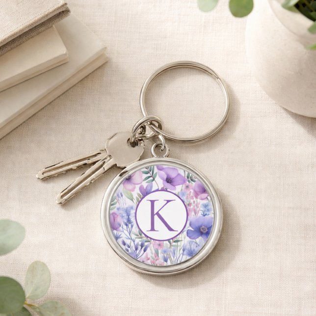 Personalised Monogram Purple Floral Elegant Key Ring (Creator Uploaded)