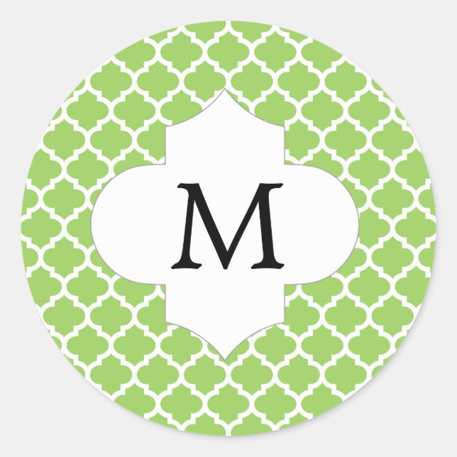 Personalised Monogram Quatrefoil green and White Classic Round Sticker (Front)