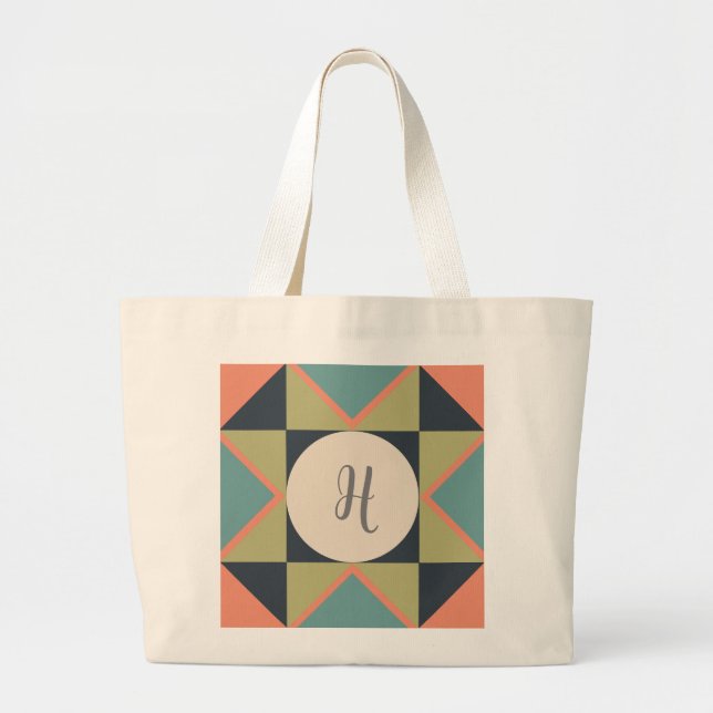 Personalised Monogram Quilt Block  Large Tote Bag (Front)