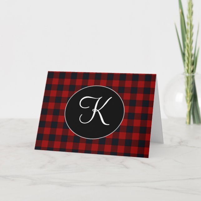 Personalised Monogram Red and Black Buffalo Plaid Card (Front)