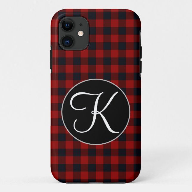 Personalised Monogram Red and Black Buffalo Plaid Case-Mate iPhone Case (Back)