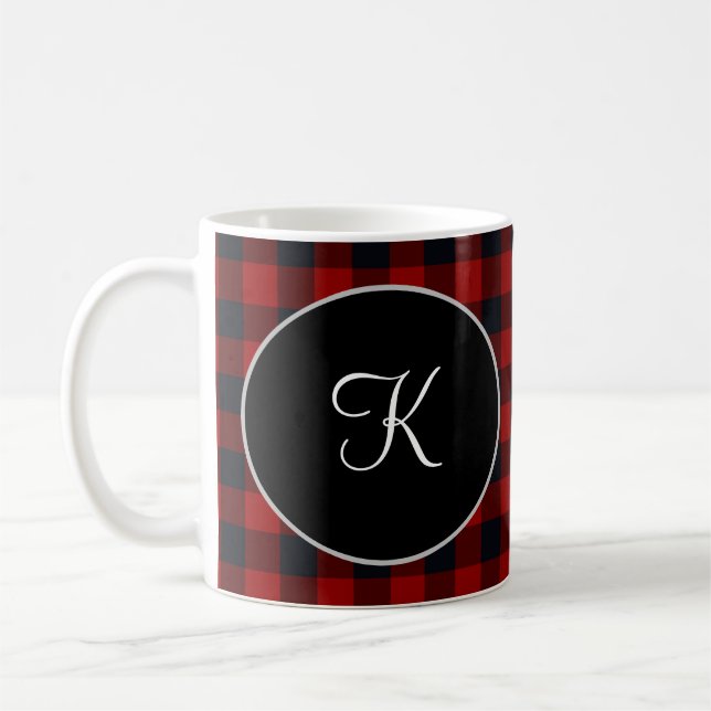 Personalised Monogram Red and Black Buffalo Plaid Coffee Mug (Left)