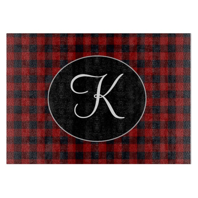 Personalised Monogram Red and Black Buffalo Plaid Cutting Board (Front)