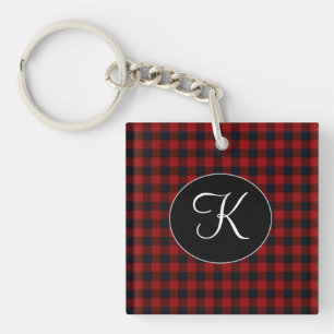Personalised Monogram Red and Black Buffalo Plaid Key Ring