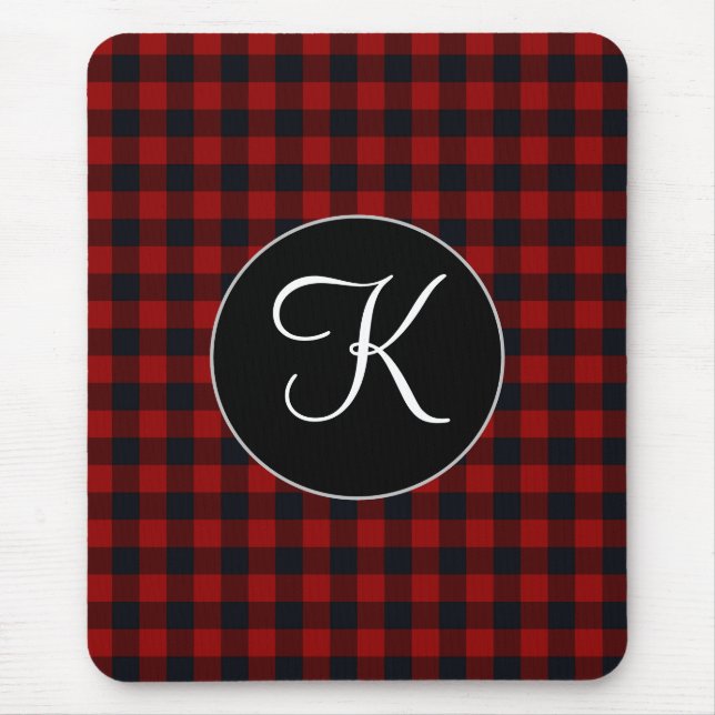 Personalised Monogram Red and Black Buffalo Plaid Mouse Pad (Front)