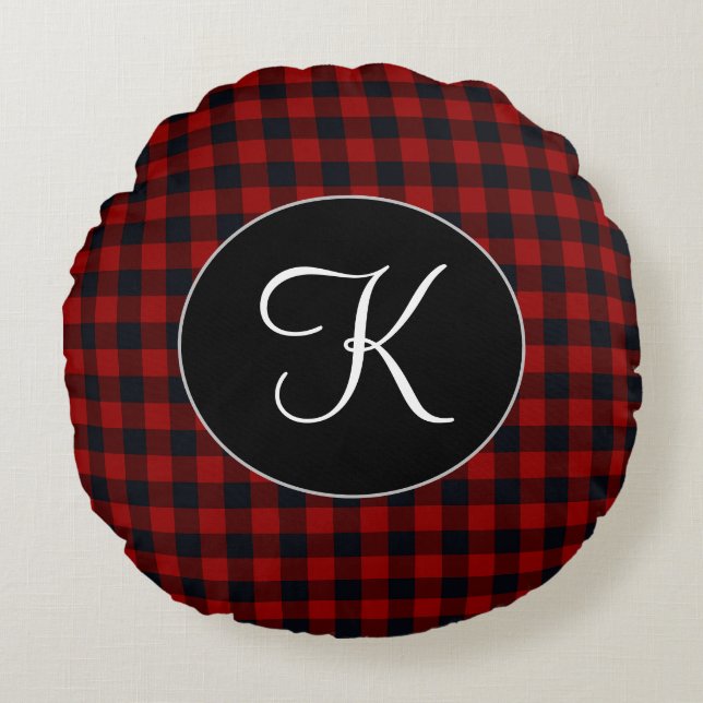 Personalised Monogram Red and Black Buffalo Plaid Round Cushion (Front)