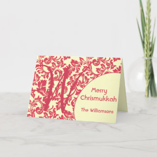 Personalised & Monogram Red Damask Chrismukkah Holiday Card