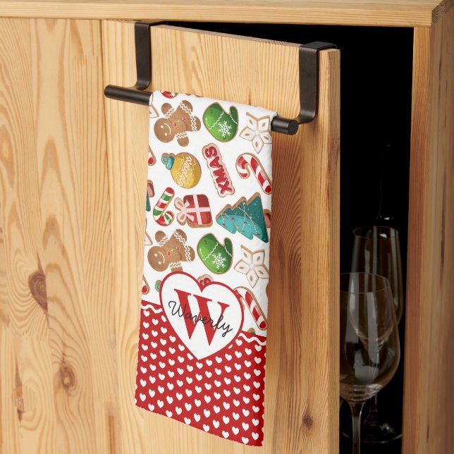 Personalised Monogram Red Hearts Gingerbread Xmas Tea Towel (Thirds Fold)