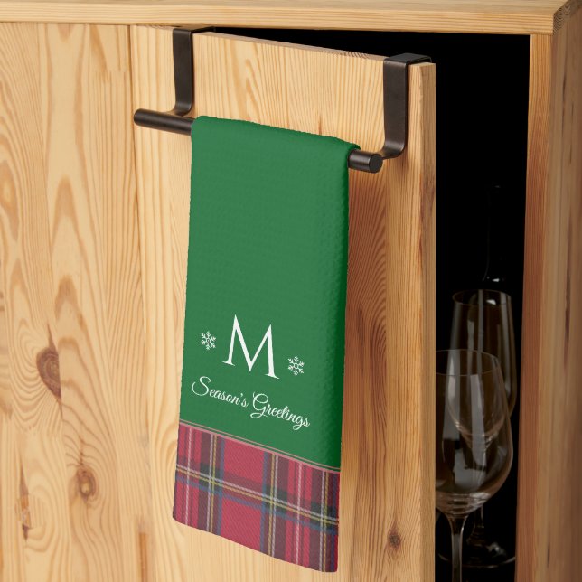 Personalised Monogram Red Tartan Green Christmas Tea Towel (Thirds Fold)