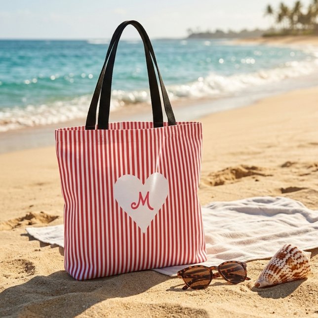 Personalised monogram red white stripes shopping  tote bag (Creator Uploaded)