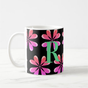 Personalised Monogram retro floral black pink Coffee Mug