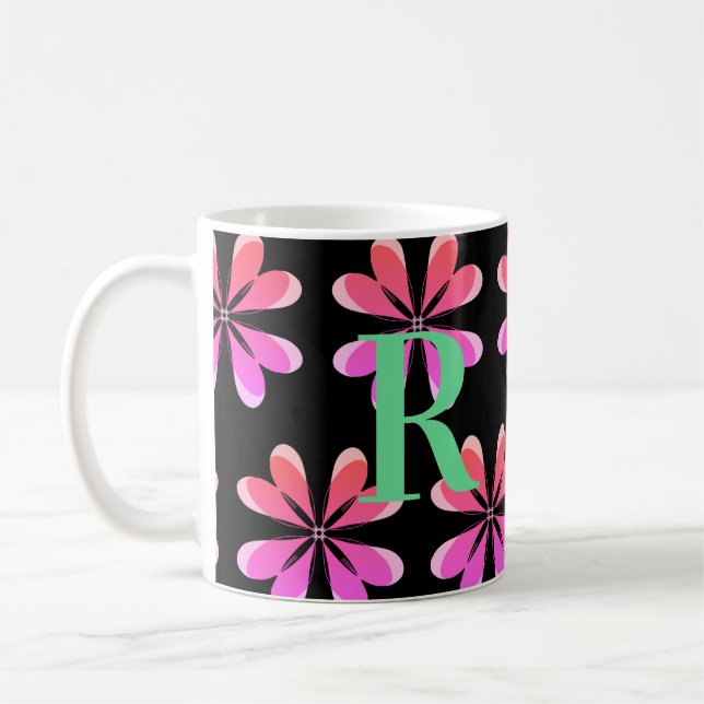 Personalised Monogram retro floral black pink Coffee Mug (Left)